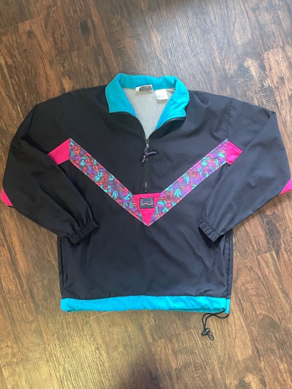 VIntage 1980s Reebok 3/4 Zip Neon + Black Pullover Windbreaker Jacket Mens Small